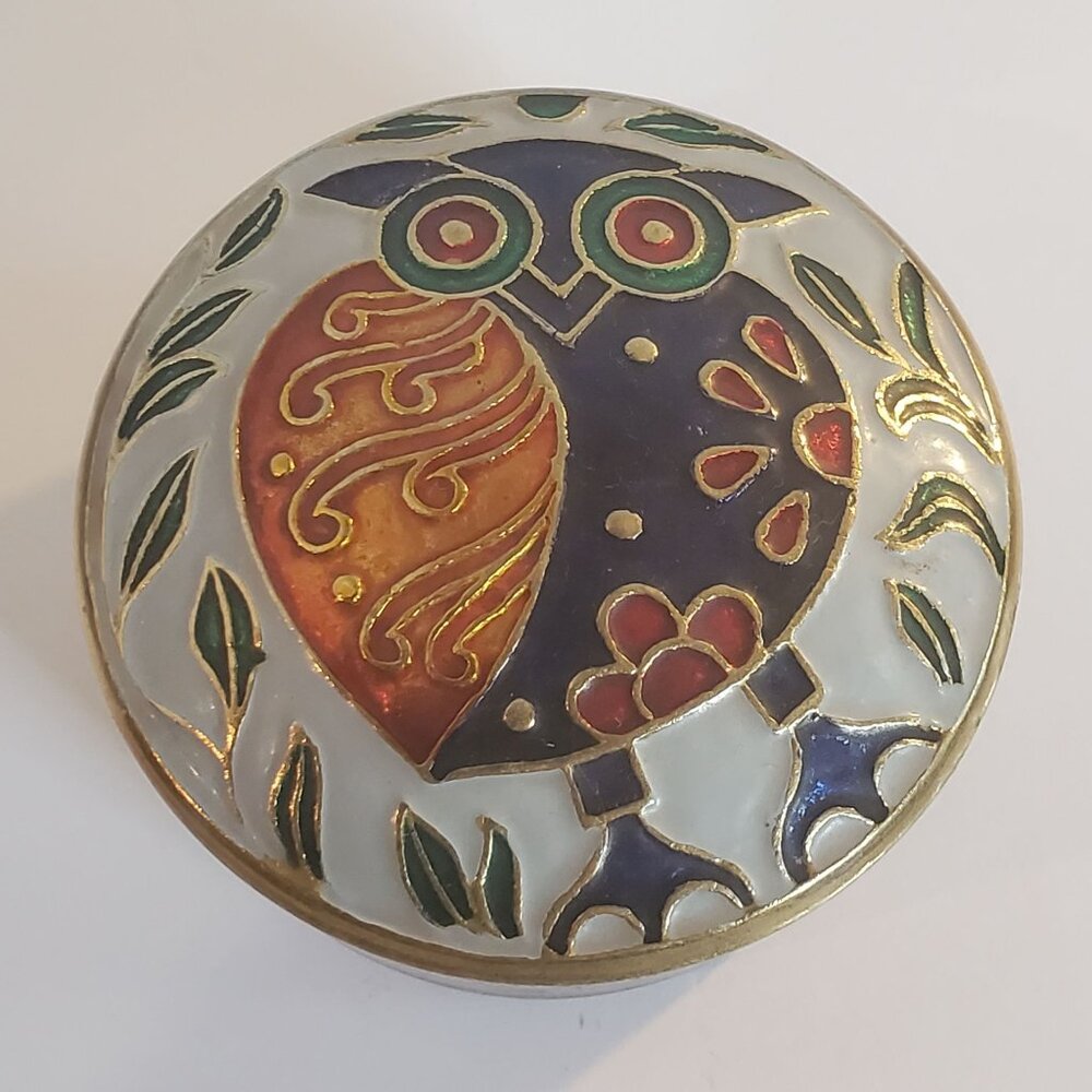 Vintage Enamel Trinket Box Round Brass w/ Lid Painted Owl Design Made in Taiwan